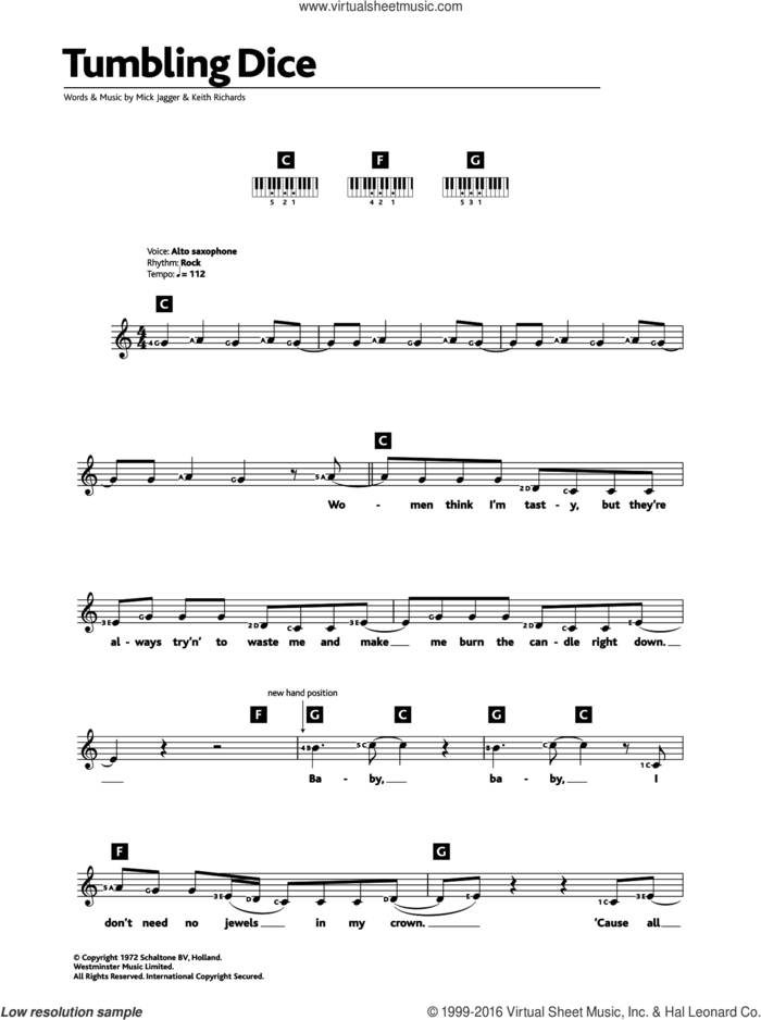 Tumbling Dice sheet music for piano solo (chords, lyrics, melody) by The Rolling Stones, Keith Richards and Mick Jagger, intermediate piano (chords, lyrics, melody)