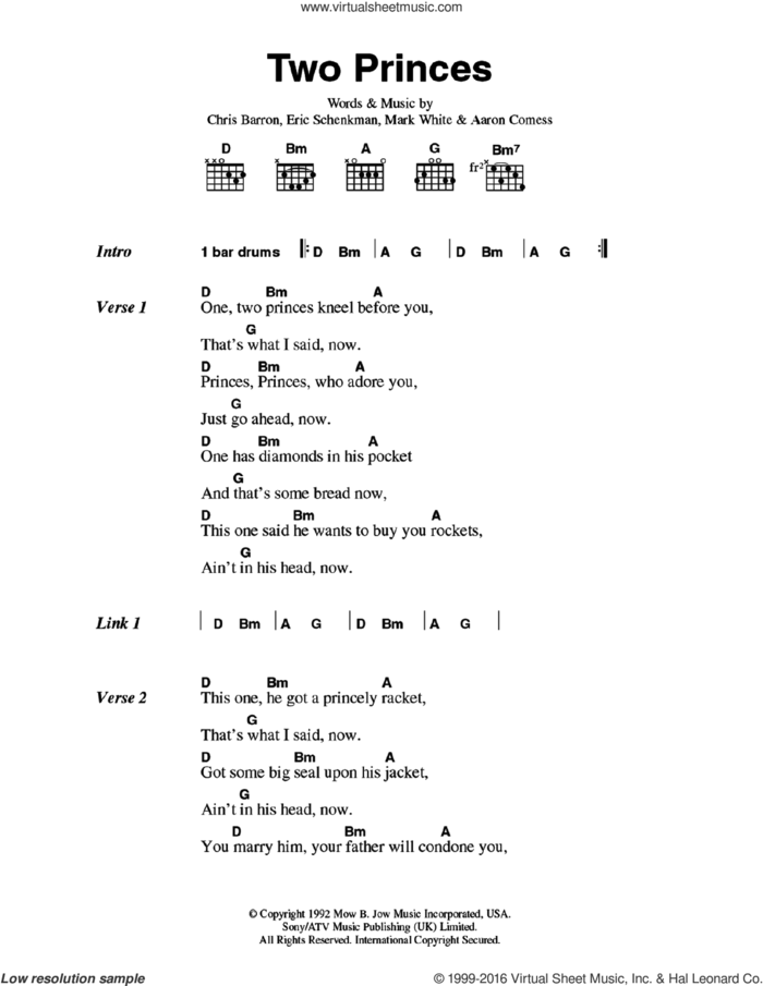 Two Princes sheet music for guitar (chords) by Spin Doctors, Aaron Comess, Chris Barron, Eric Schenkman and Mark White, intermediate skill level