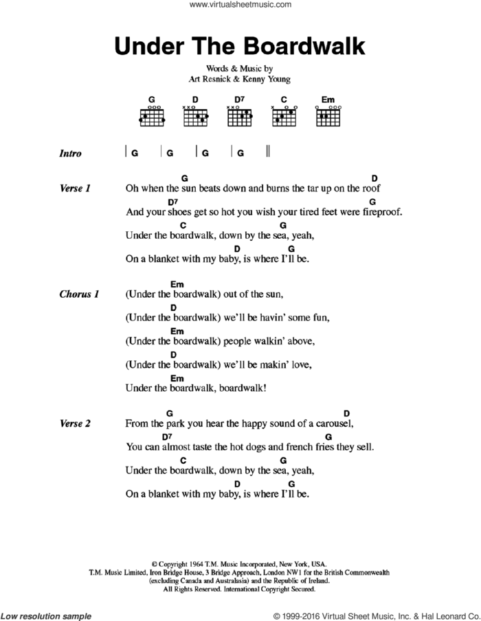 Under The Boardwalk sheet music for guitar (chords) by The Drifters, Art Resnick and Kenny Young, intermediate skill level