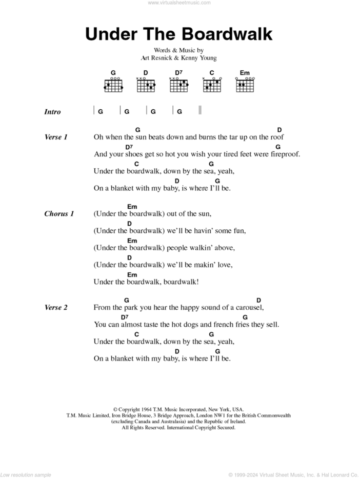 Under The Boardwalk sheet music for guitar (chords) by The Drifters, Art Resnick and Kenny Young, intermediate skill level