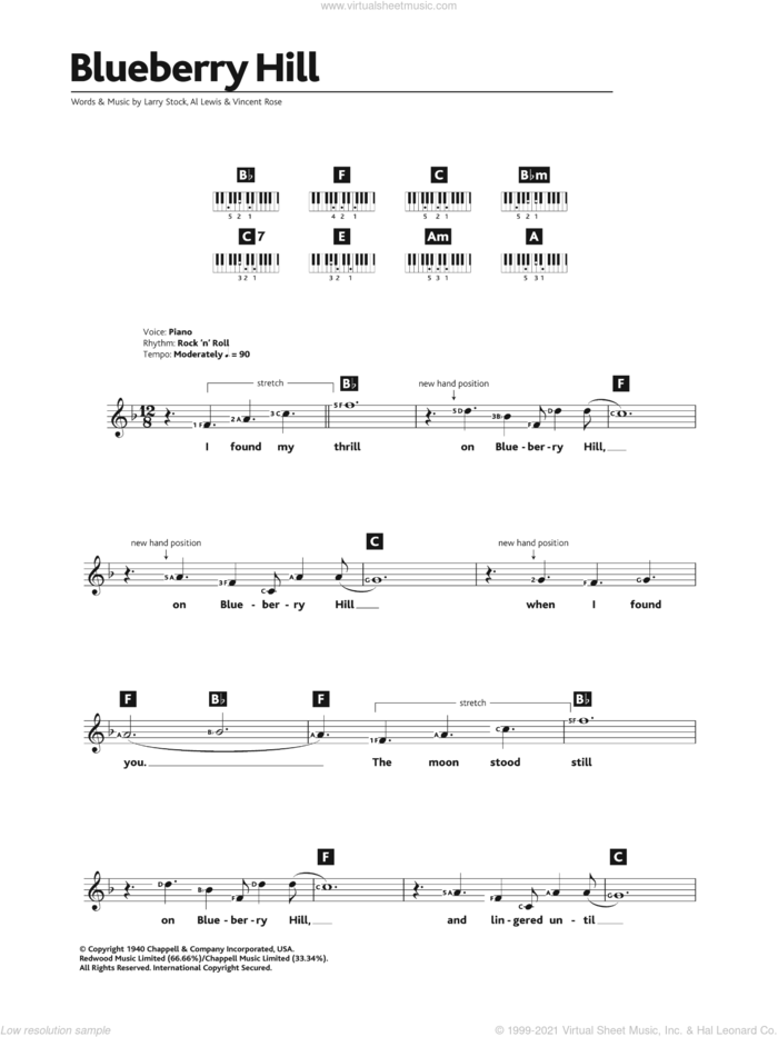 Blueberry Hill sheet music for piano solo (chords, lyrics, melody) by Fats Domino, Al Lewis, Larry Stock and Vincent Rose, intermediate piano (chords, lyrics, melody)