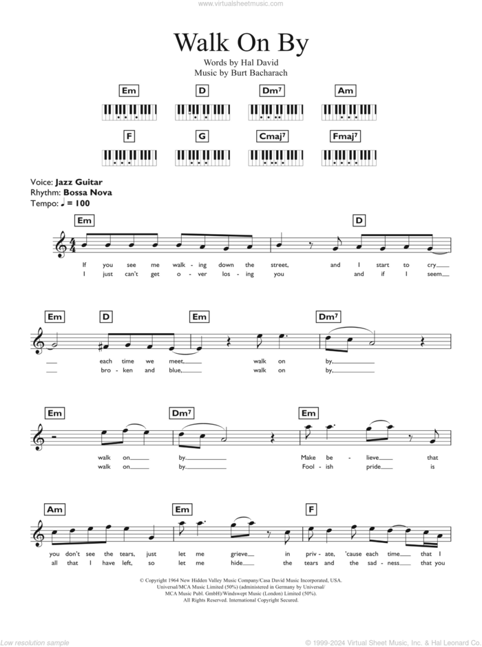 Walk On By sheet music for piano solo (chords, lyrics, melody) by Dionne Warwick, Burt Bacharach and Hal David, intermediate piano (chords, lyrics, melody)