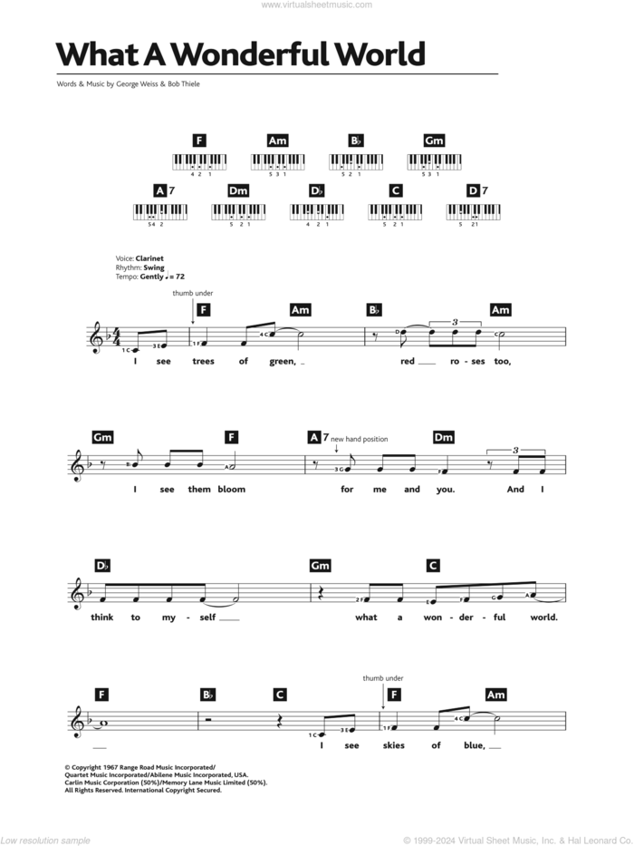 What A Wonderful World sheet music for piano solo (chords, lyrics, melody) by Louis Armstrong, Bob Thiele and George David Weiss, intermediate piano (chords, lyrics, melody)