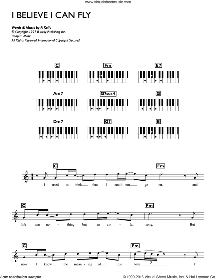 I Believe I Can Fly sheet music for piano solo (chords, lyrics, melody) by Robert Kelly, intermediate piano (chords, lyrics, melody)