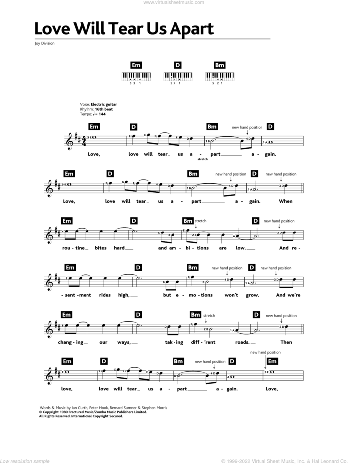 Love Will Tear Us Apart sheet music for piano solo (chords, lyrics, melody) by Joy Division, Bernard Sumner, Ian Curtis, Peter Hook and Stephen Morris, intermediate piano (chords, lyrics, melody)