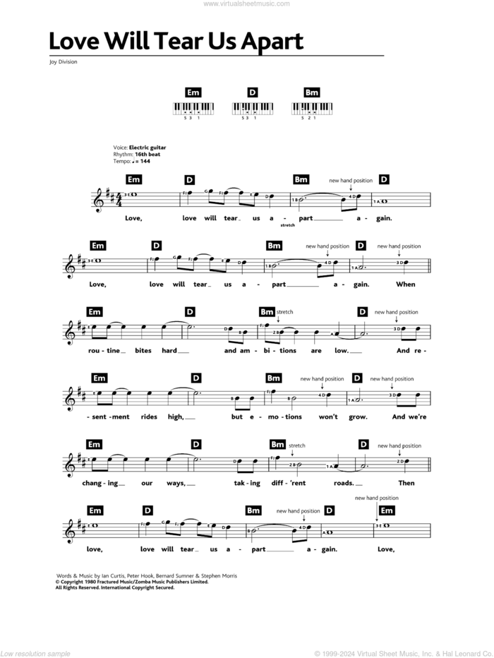 Love Will Tear Us Apart sheet music for piano solo (chords, lyrics, melody) by Joy Division, Bernard Sumner, Ian Curtis, Peter Hook and Stephen Morris, intermediate piano (chords, lyrics, melody)