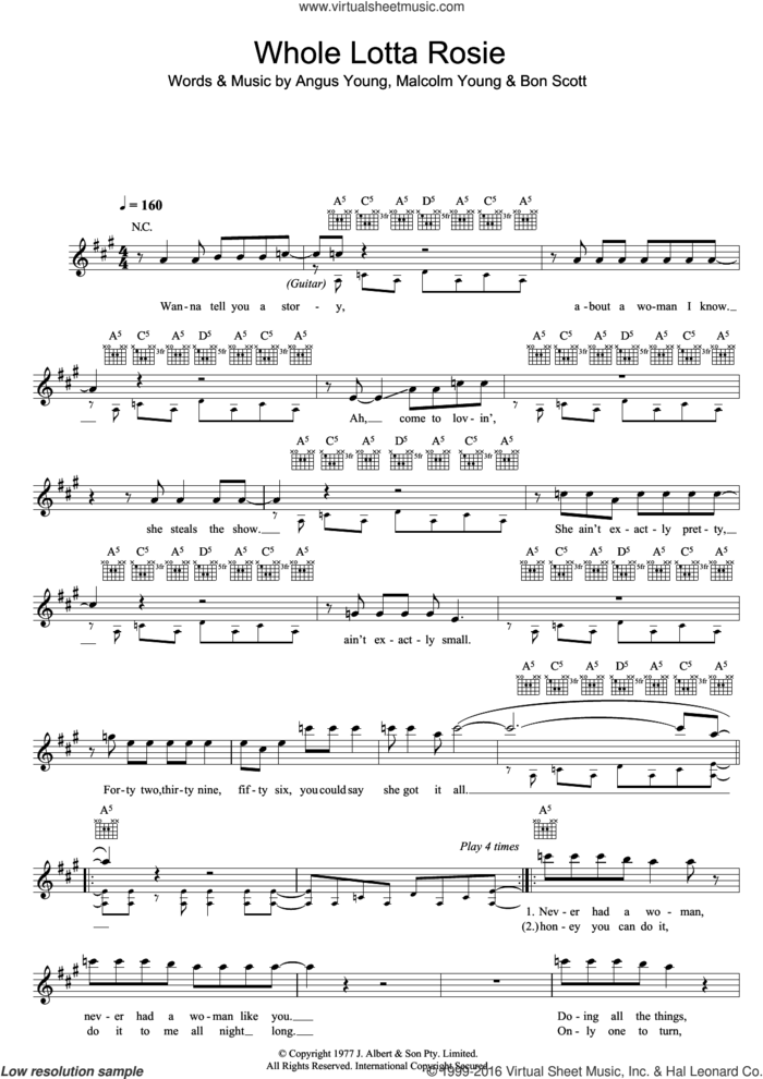 Whole Lotta Rosie sheet music for voice and other instruments (fake book) by AC/DC, Angus Young, Bon Scott and Malcolm Young, intermediate skill level