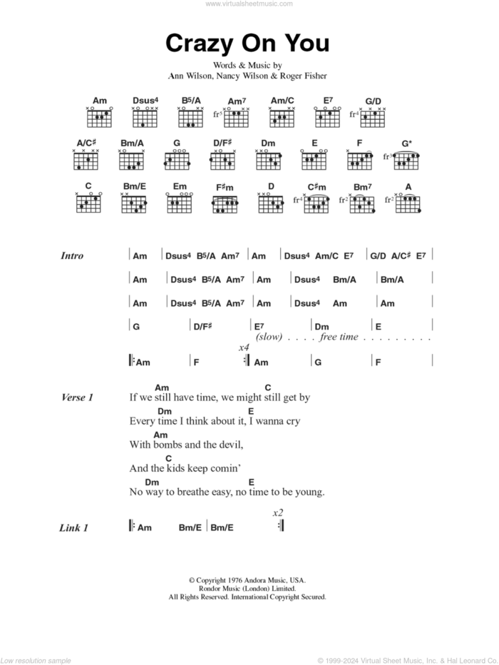 Crazy On You sheet music for guitar (chords) by Heart, Ann Wilson, Nancy Wilson and Roger Fisher, intermediate skill level