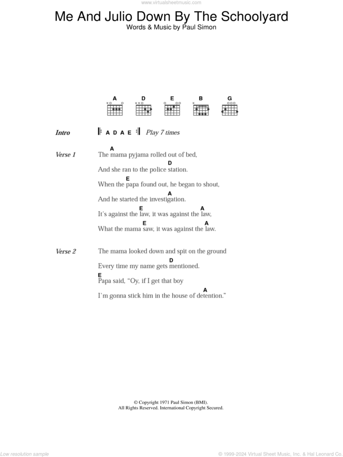 Me And Julio Down By The Schoolyard sheet music for guitar (chords) by Paul Simon, intermediate skill level