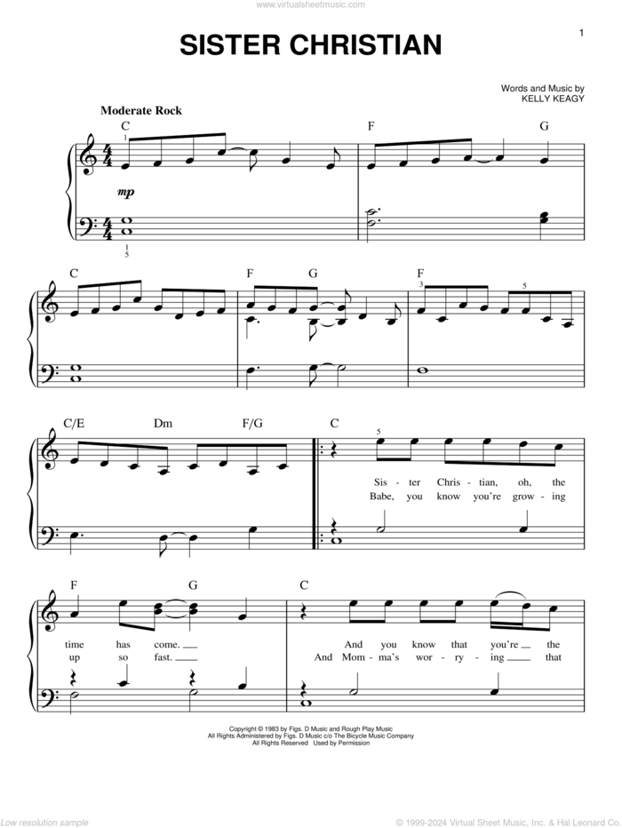 Sister Christian sheet music for piano solo by Night Ranger and Kelly Keagy, beginner skill level