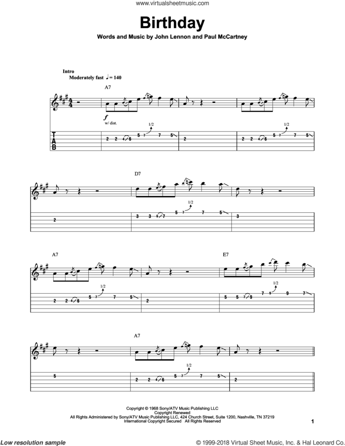Birthday sheet music for guitar (tablature, play-along) by The Beatles, John Lennon and Paul McCartney, intermediate skill level