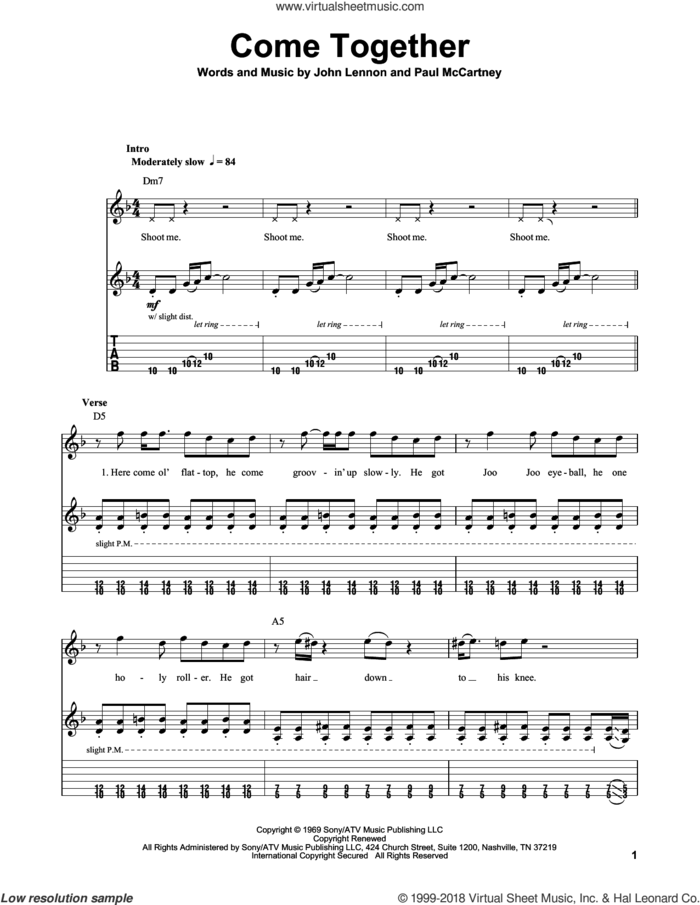 Come Together sheet music for guitar (tablature, play-along) by The Beatles, John Lennon and Paul McCartney, intermediate skill level