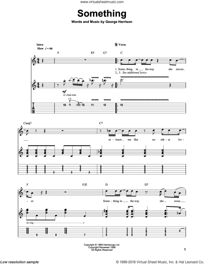 Something sheet music for guitar (tablature, play-along) by The Beatles and George Harrison, intermediate skill level