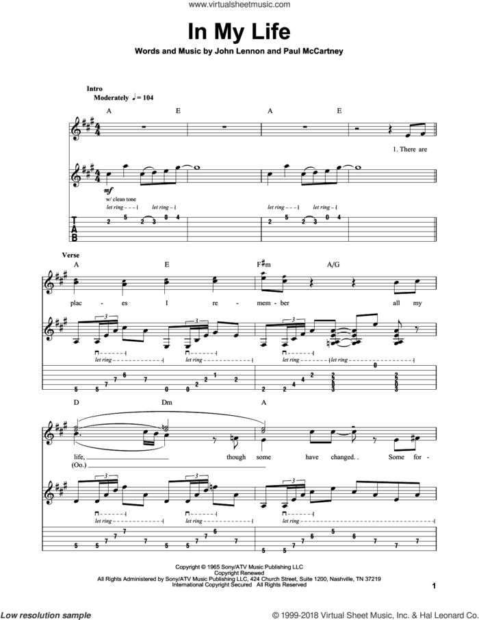 In My Life sheet music for guitar (tablature, play-along) by The Beatles, John Lennon and Paul McCartney, wedding score, intermediate skill level