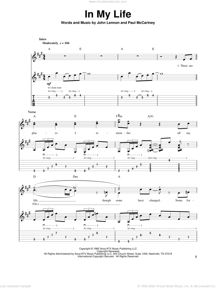 In My Life sheet music for guitar (tablature, play-along) by The Beatles, John Lennon and Paul McCartney, wedding score, intermediate skill level