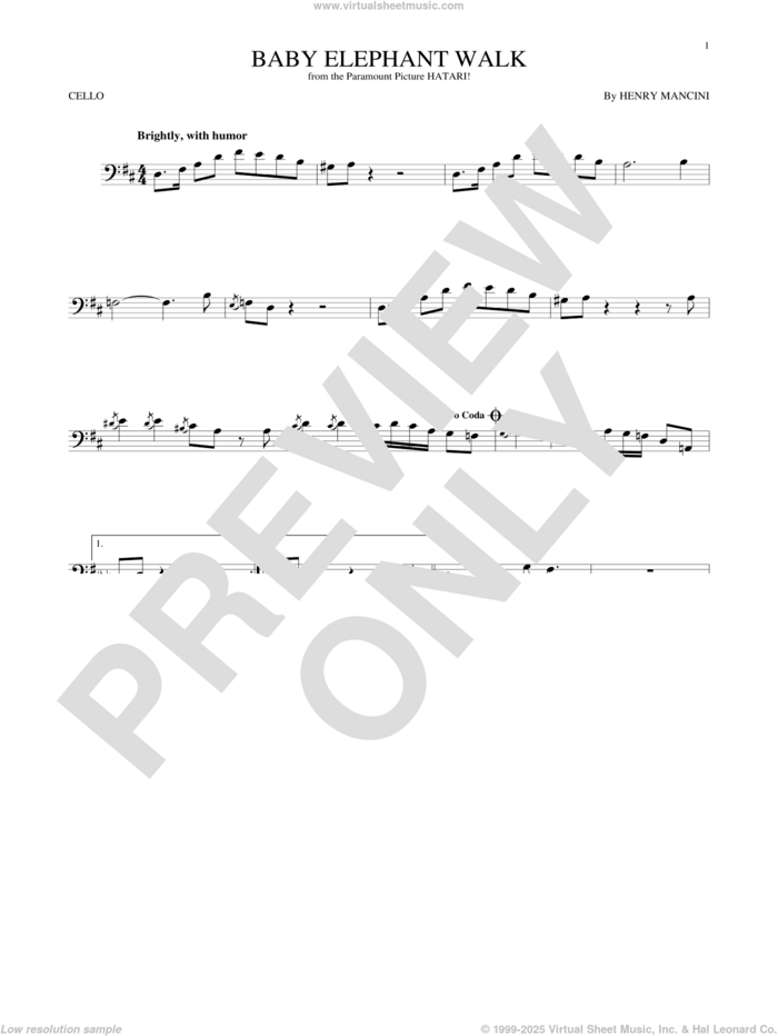 Baby Elephant Walk sheet music for cello solo by Henry Mancini, intermediate skill level