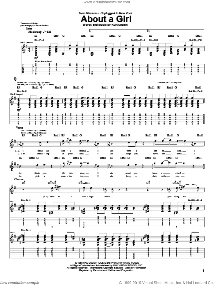About A Girl sheet music for guitar (tablature) by Nirvana and Kurt Cobain, intermediate skill level