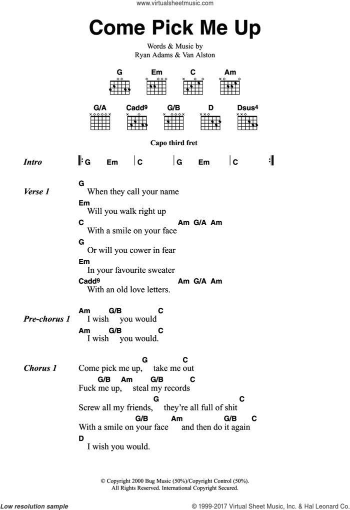 Come Pick Me Up sheet music for guitar (chords) by Ryan Adams and Van Alston, intermediate skill level
