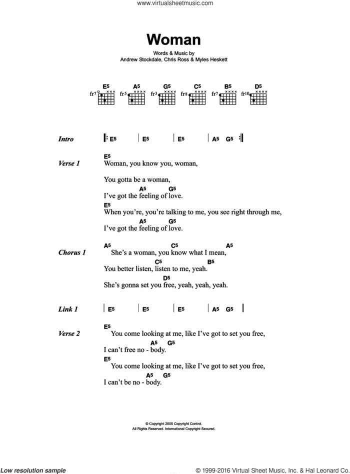 Woman sheet music for guitar (chords) by Wolfmother, Andrew Stockdale, Chris Ross and Myles Heskett, intermediate skill level