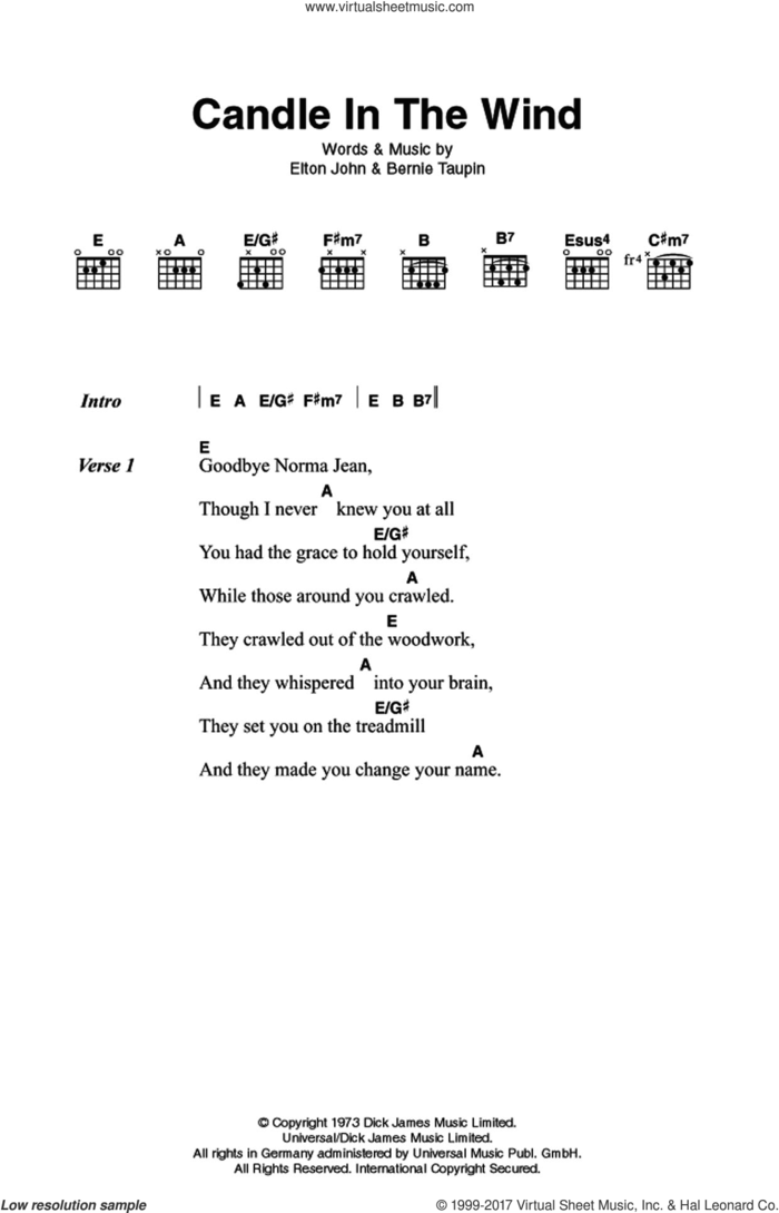 Candle In The Wind sheet music for guitar (chords) by Elton John and Bernie Taupin, intermediate skill level