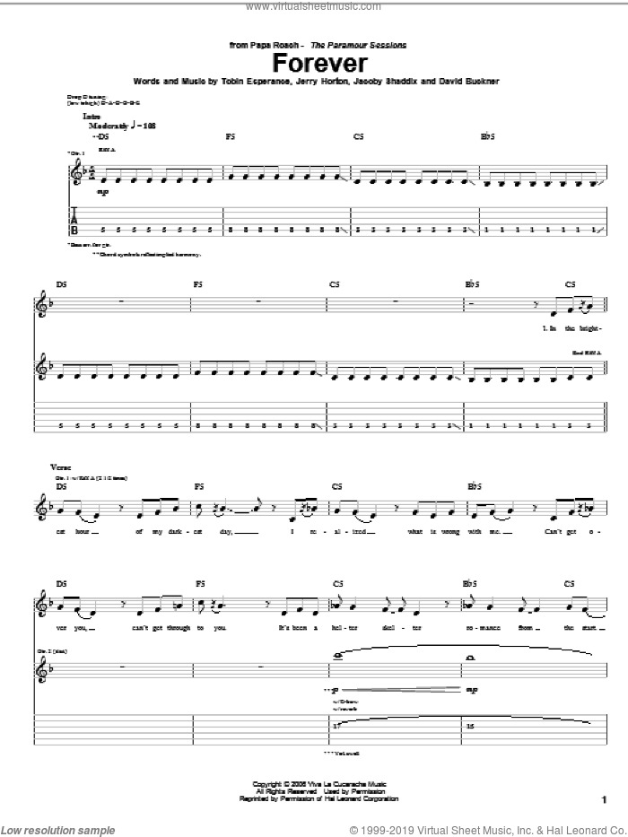 Forever sheet music for guitar (tablature) by Papa Roach, David Buckner, Jacoby Shaddix, Jerry Horton and Tobin Esperance, intermediate skill level
