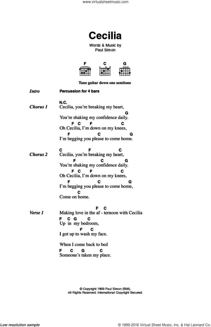 Cecilia sheet music for guitar (chords) by Simon & Garfunkel and Paul Simon, intermediate skill level