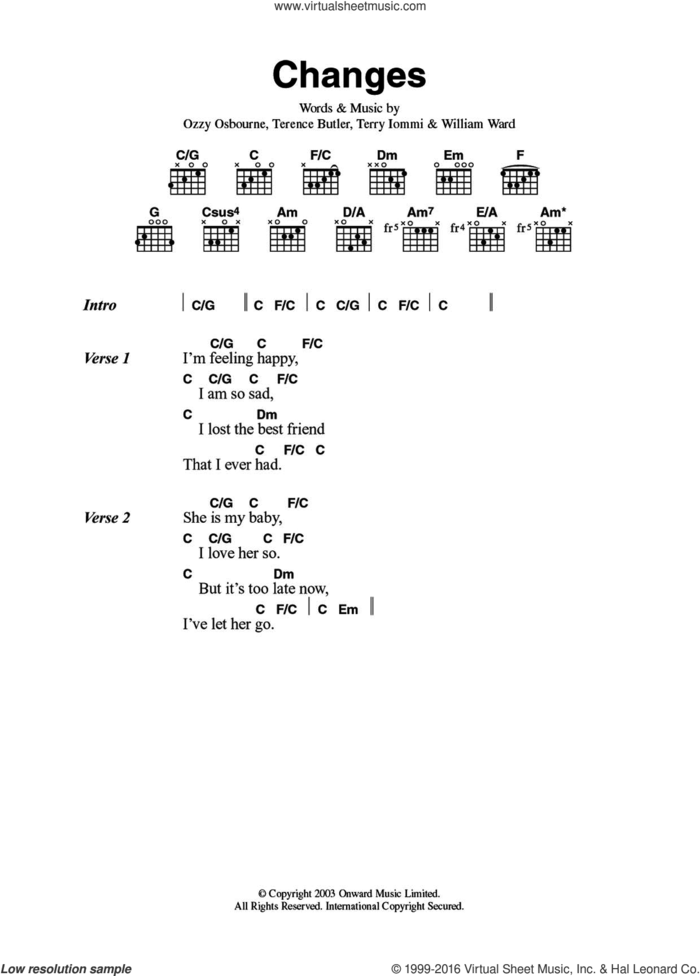 Changes sheet music for guitar (chords) by Kelly Osbourne & Ozzy Osbourne, Kelly Osbourne, Bill Ward, Geezer Butler, Ozzy Osbourne and Tony Iommi, intermediate skill level