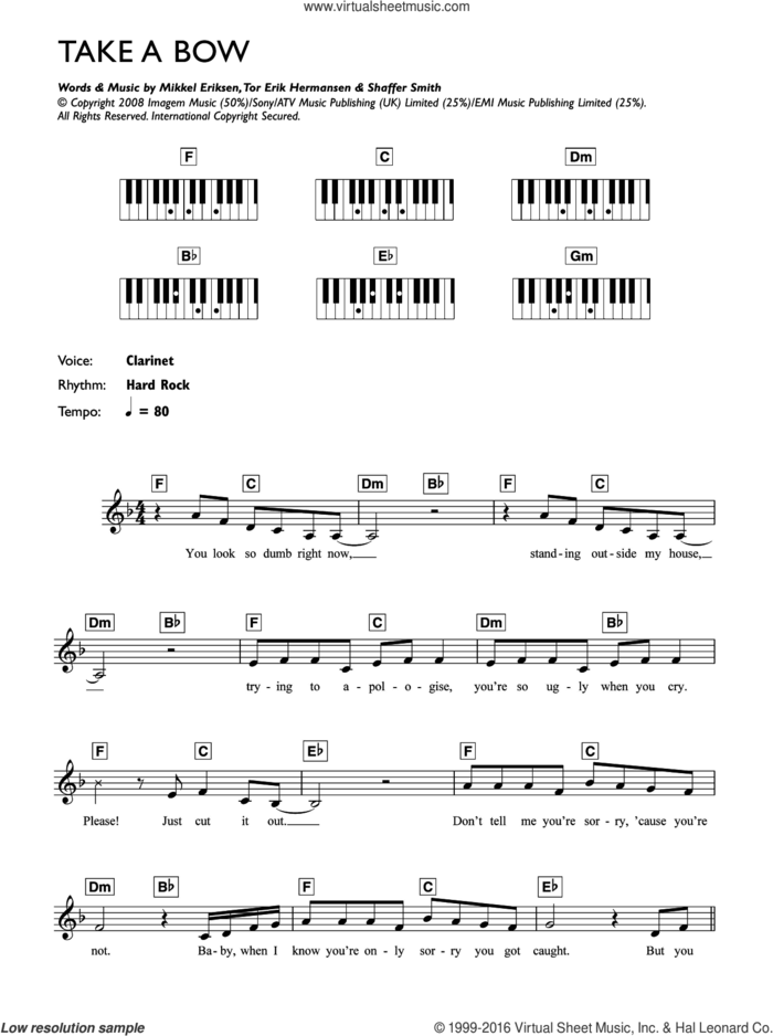 Take A Bow sheet music for piano solo (chords, lyrics, melody) by Rihanna, Mikkel Eriksen, Shaffer Smith and Tor Erik Hermansen, intermediate piano (chords, lyrics, melody)