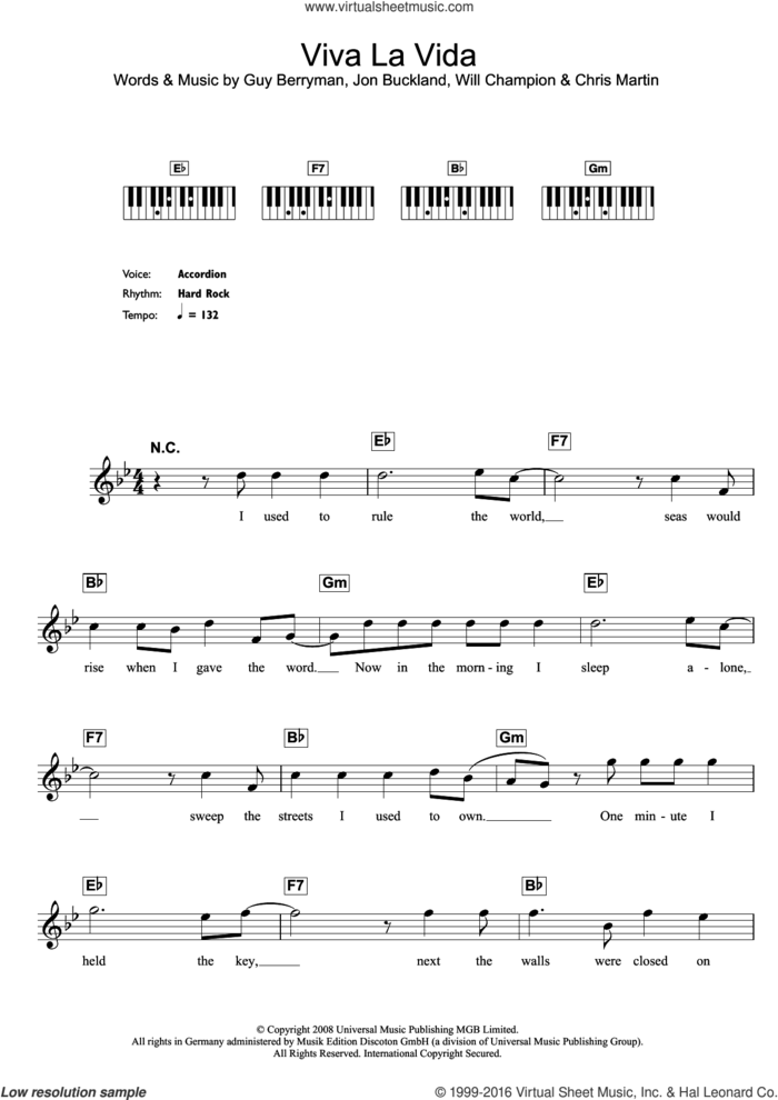 Viva La Vida sheet music for piano solo (chords, lyrics, melody) by Coldplay, Chris Martin, Guy Berryman, Jonny Buckland and Will Champion, intermediate piano (chords, lyrics, melody)