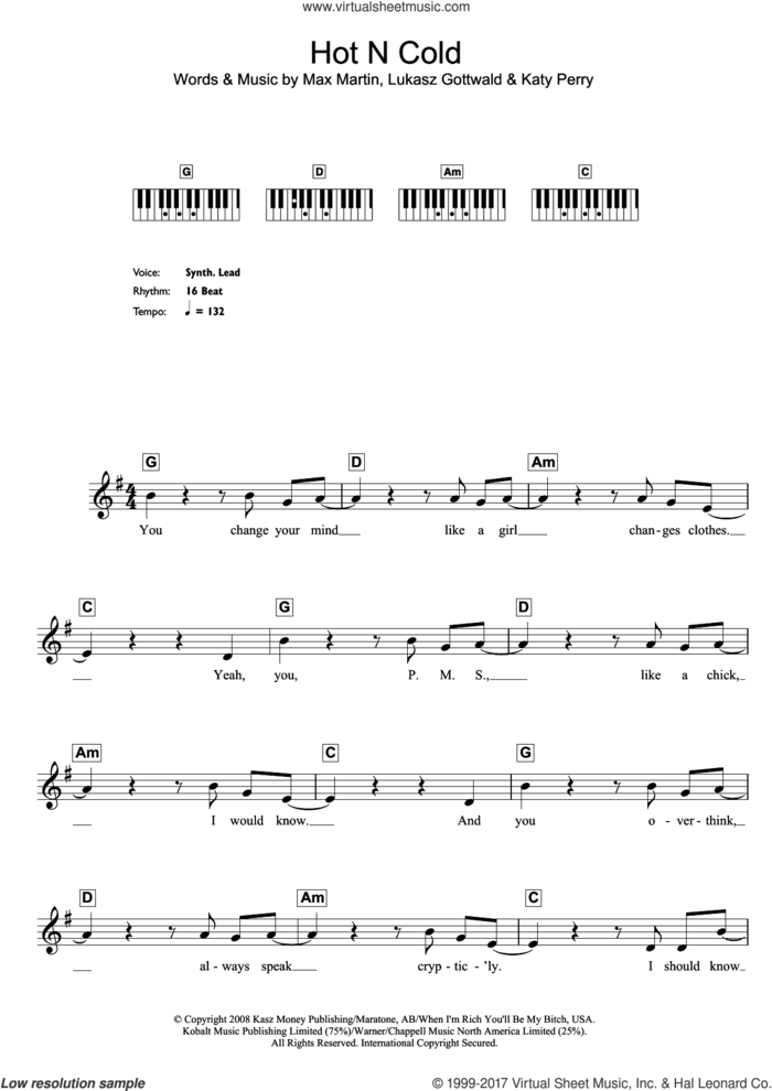 Hot N Cold (Abridged) sheet music for piano solo (chords, lyrics, melody) by Katy Perry, Lukasz Gottwald and Max Martin, intermediate piano (chords, lyrics, melody)