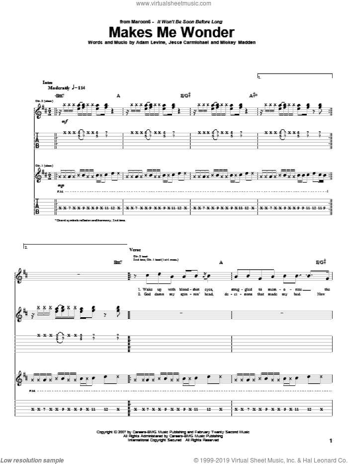 Makes Me Wonder sheet music for guitar (tablature) by Maroon 5, Adam Levine, Jesse Carmichael and Michael Madden, intermediate skill level