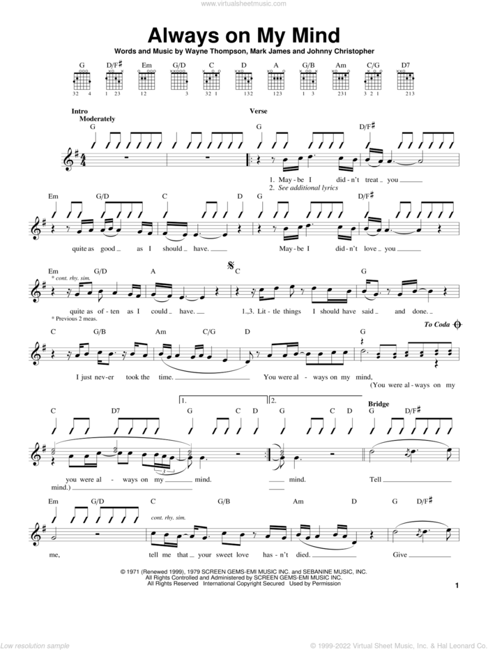 Always On My Mind sheet music for guitar solo (chords) by Elvis Presley, Willie Nelson, Johnny Christopher, Mark James and Wayne Thompson, easy guitar (chords)