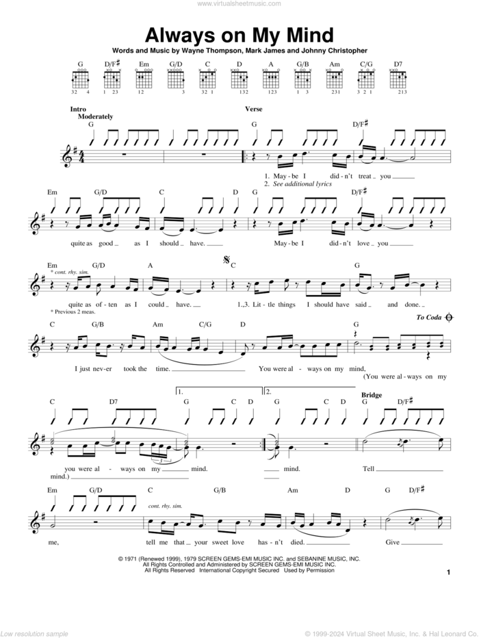 Always On My Mind sheet music for guitar solo (chords) by Elvis Presley, Willie Nelson, Johnny Christopher, Mark James and Wayne Thompson, easy guitar (chords)