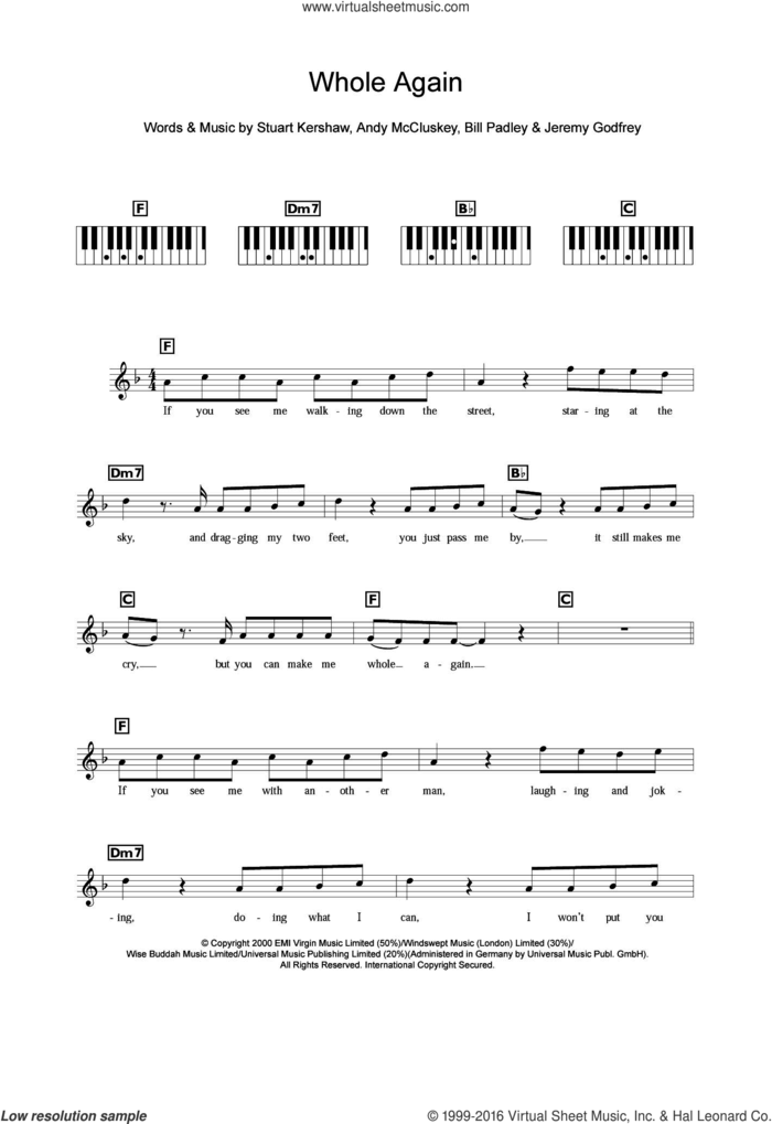 Whole Again sheet music for piano solo (chords, lyrics, melody) by Atomic Kitten, Andy McCluskey, Bill Padley, Jem Godfrey and Stuart Kershaw, intermediate piano (chords, lyrics, melody)