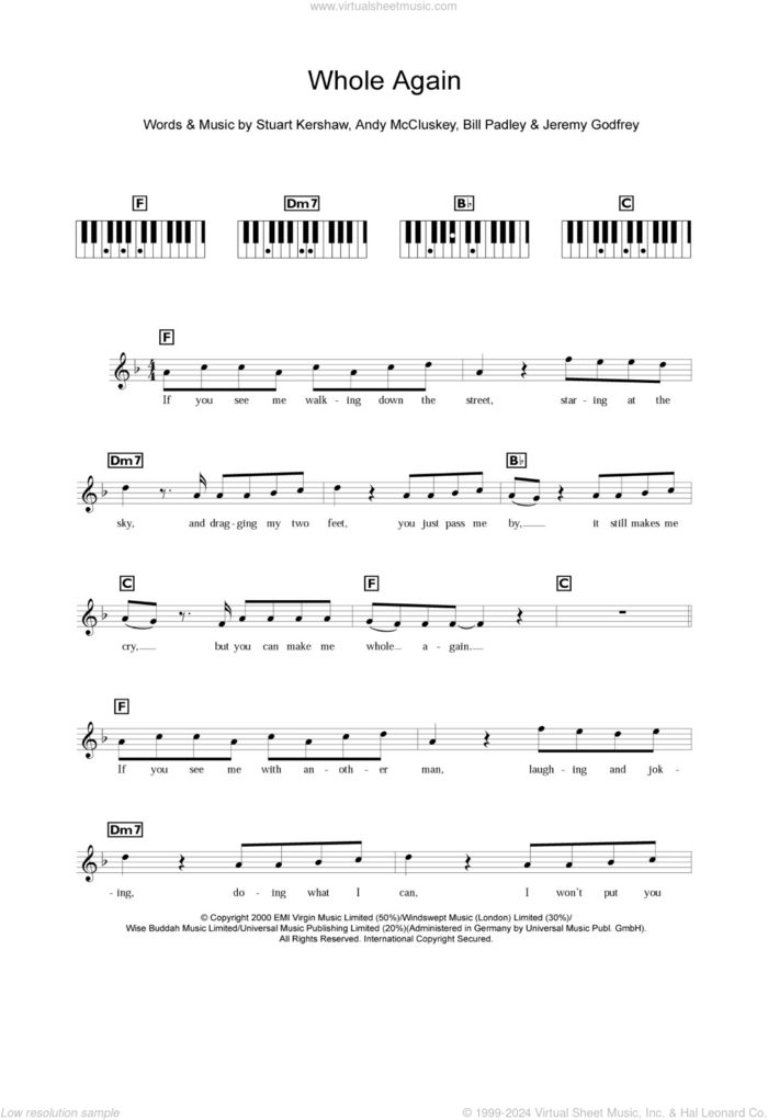 Whole Again sheet music for piano solo (chords, lyrics, melody) by Atomic Kitten, Andy McCluskey, Bill Padley, Jem Godfrey and Stuart Kershaw, intermediate piano (chords, lyrics, melody)