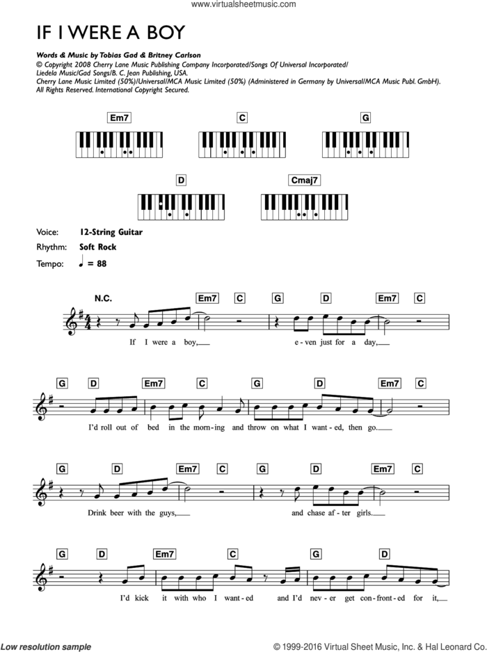 If I Were A Boy sheet music for piano solo (chords, lyrics, melody) by Beyonce, Britney Carlson and Toby Gad, intermediate piano (chords, lyrics, melody)