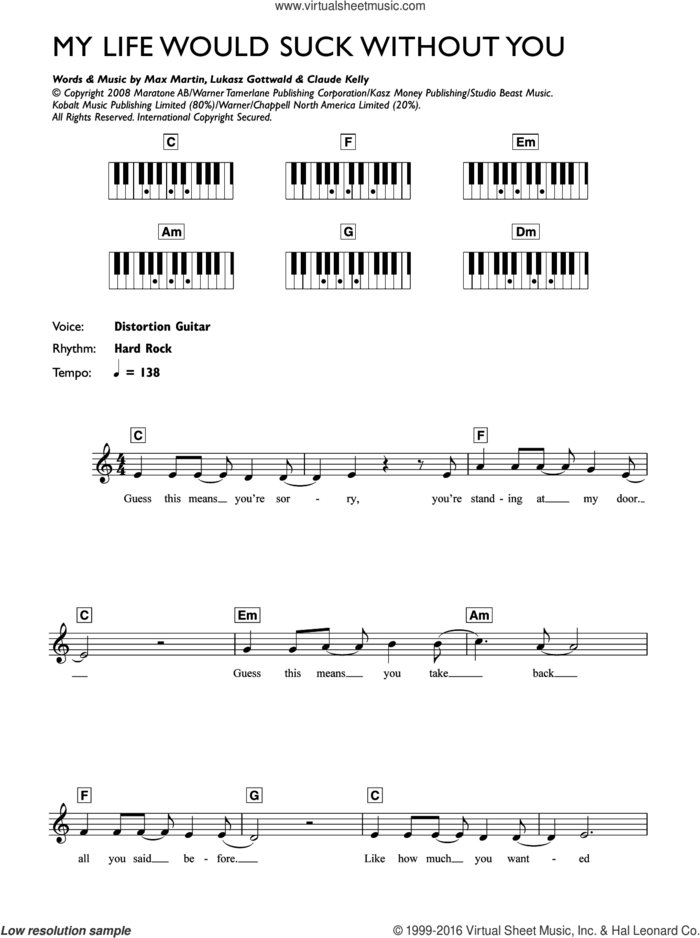 My Life Would Suck Without You sheet music for piano solo (chords, lyrics, melody) by Kelly Clarkson, Claude Kelly, Lukasz Gottwald and Max Martin, intermediate piano (chords, lyrics, melody)
