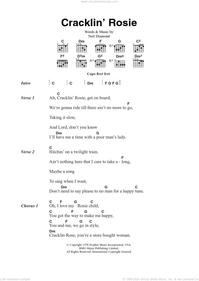 Cracklin' Rosie sheet music for guitar (chords) by Neil Diamond, intermediate skill level