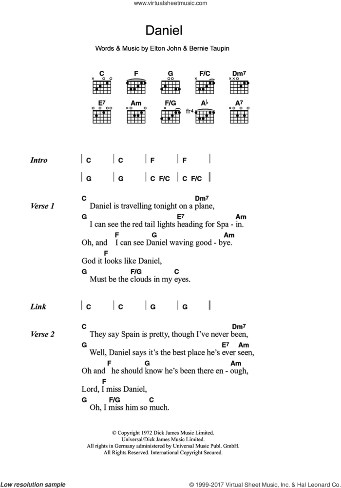 Daniel sheet music for guitar (chords) by Elton John and Bernie Taupin, intermediate skill level