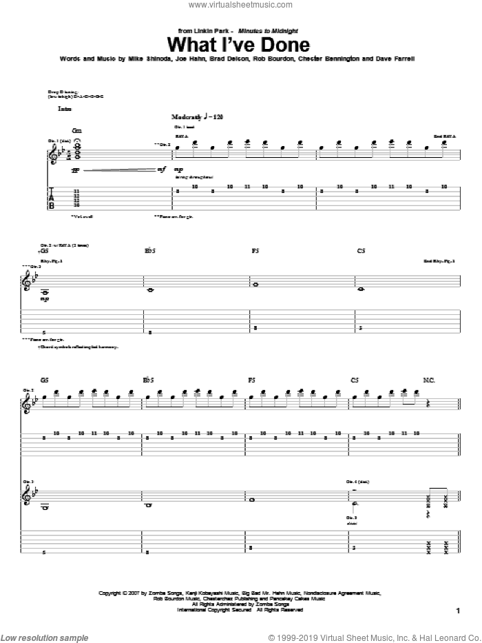 What I've Done sheet music for guitar (tablature) by Linkin Park, Brad Delson, Chester Bennington, Dave Farrell, Joe Hahn, Mike Shinoda and Rob Bourdon, intermediate skill level