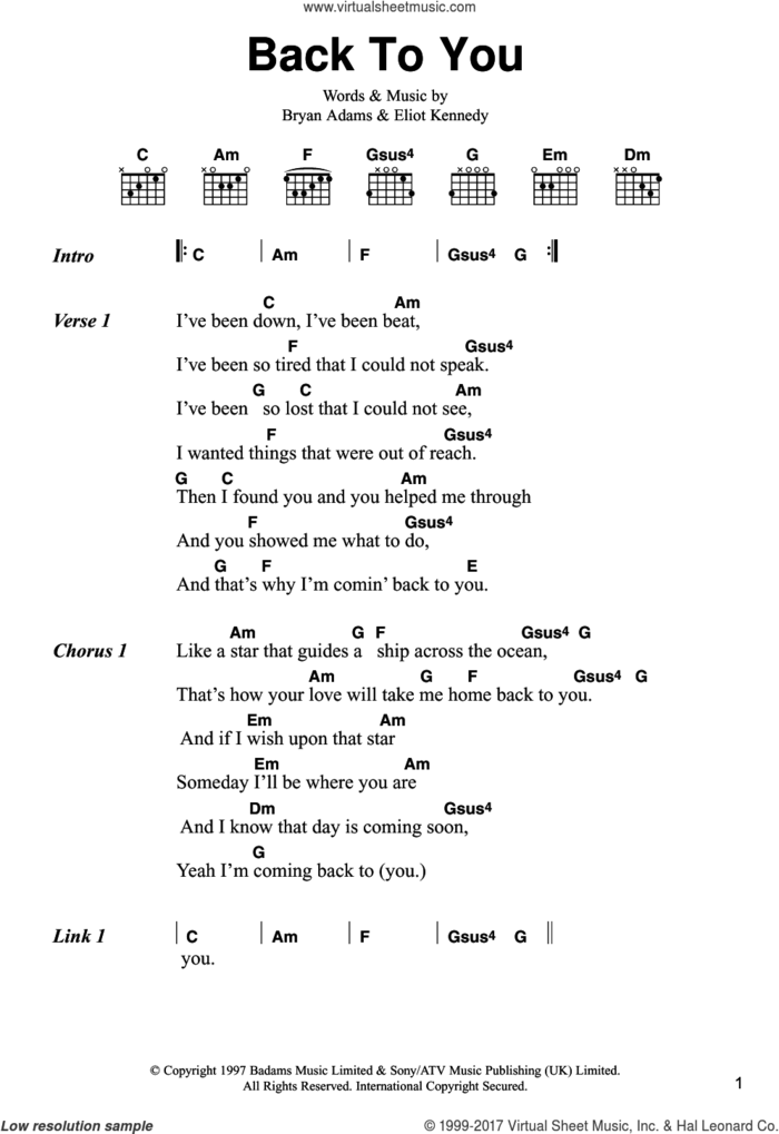 Back To You sheet music for guitar (chords) by Bryan Adams and Eliot Kennedy, intermediate skill level