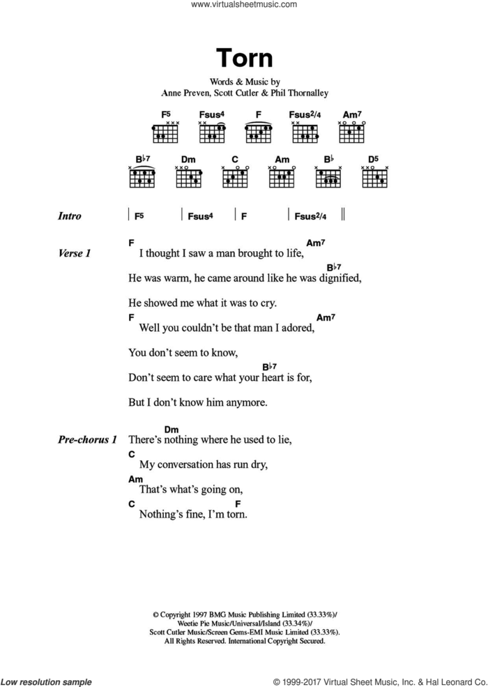 Torn sheet music for guitar (chords) by Natalie Imbruglia, Anne Preven, Phil Thornalley and Scott Cutler, intermediate skill level