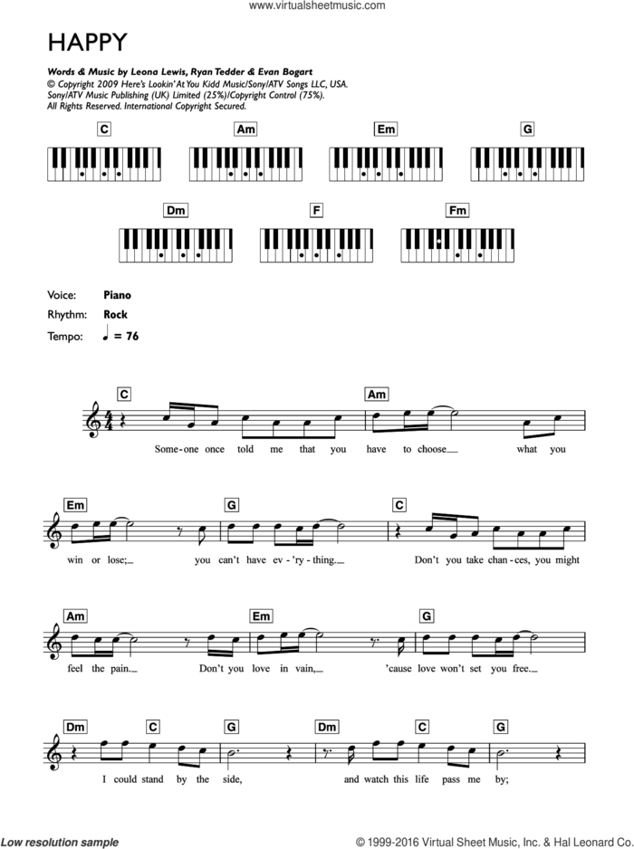 Happy sheet music for piano solo (chords, lyrics, melody) by Leona Lewis, Evan Kidd Bogart and Ryan Tedder, intermediate piano (chords, lyrics, melody)