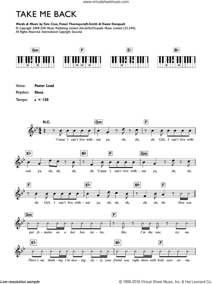Take Me Back (featuring Taio Cruz) sheet music for piano solo (chords, lyrics, melody) by Tinchy Stryder, Fraser Thorneycroft-Smith, Kwasi Danquah and Taio Cruz, intermediate piano (chords, lyrics, melody)