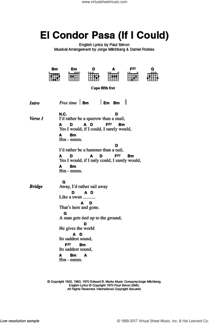 El Condor Pasa (If I Could) sheet music for guitar (chords) by Simon & Garfunkel, Daniel Robles, Jorge Milchberg and Paul Simon, intermediate skill level