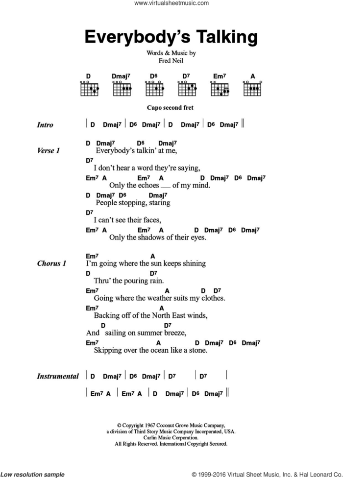 Everybody's Talkin' sheet music for guitar (chords) by Nilsson, The Beautiful South and Fred Neil, intermediate skill level