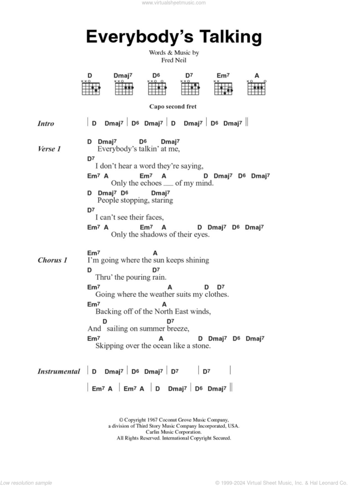 Everybody's Talkin' sheet music for guitar (chords) by Nilsson, The Beautiful South and Fred Neil, intermediate skill level