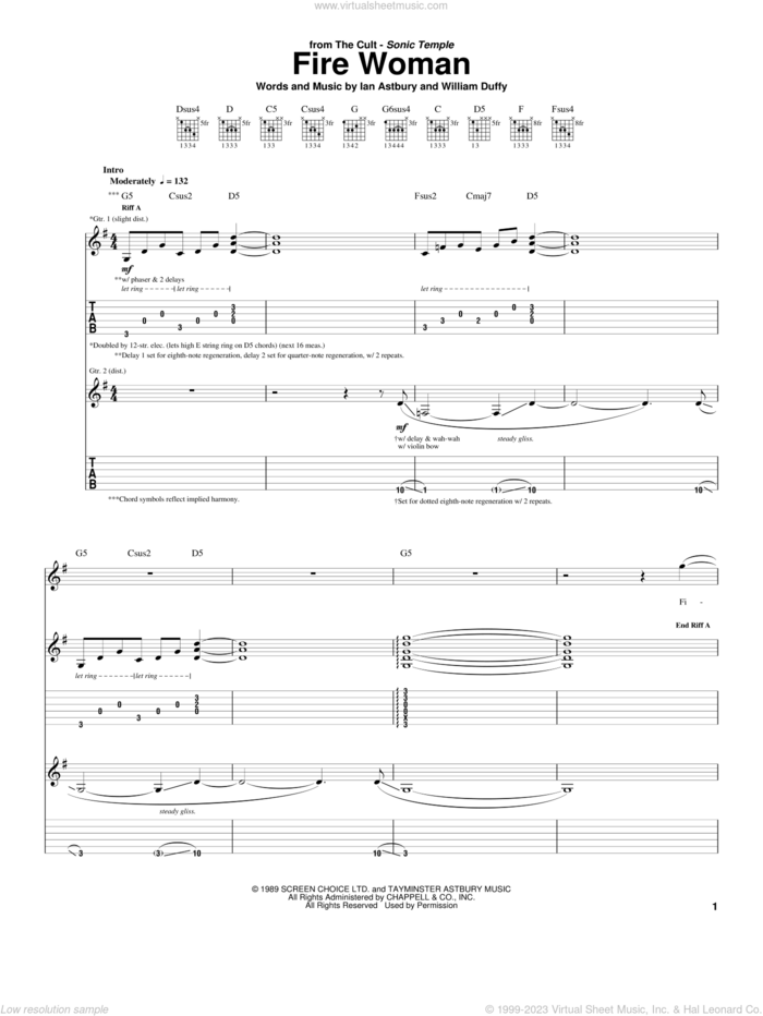 Fire Woman sheet music for guitar (tablature) by The Cult, Ian Astbury and William Duffy, intermediate skill level