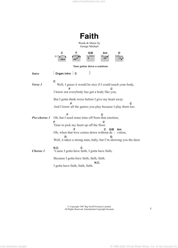 Faith sheet music for guitar (chords) by George Michael, intermediate skill level