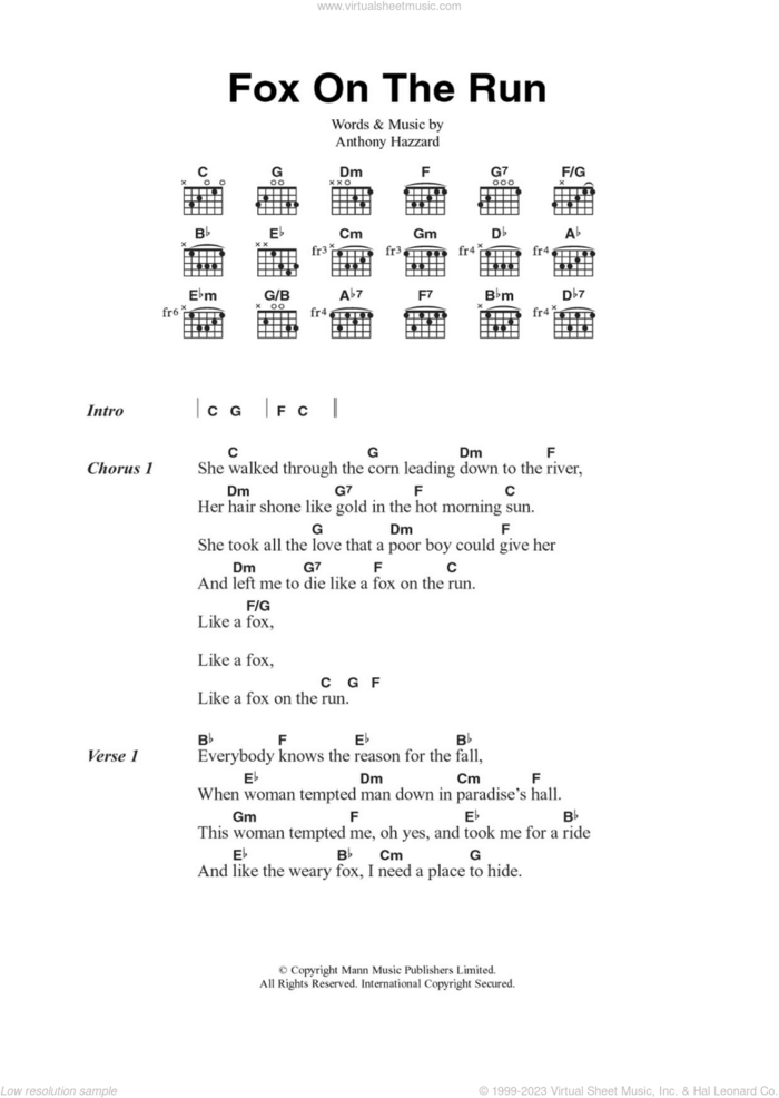 Fox On The Run sheet music for guitar (chords) by Manfred Mann and Tony Hazzard, intermediate skill level